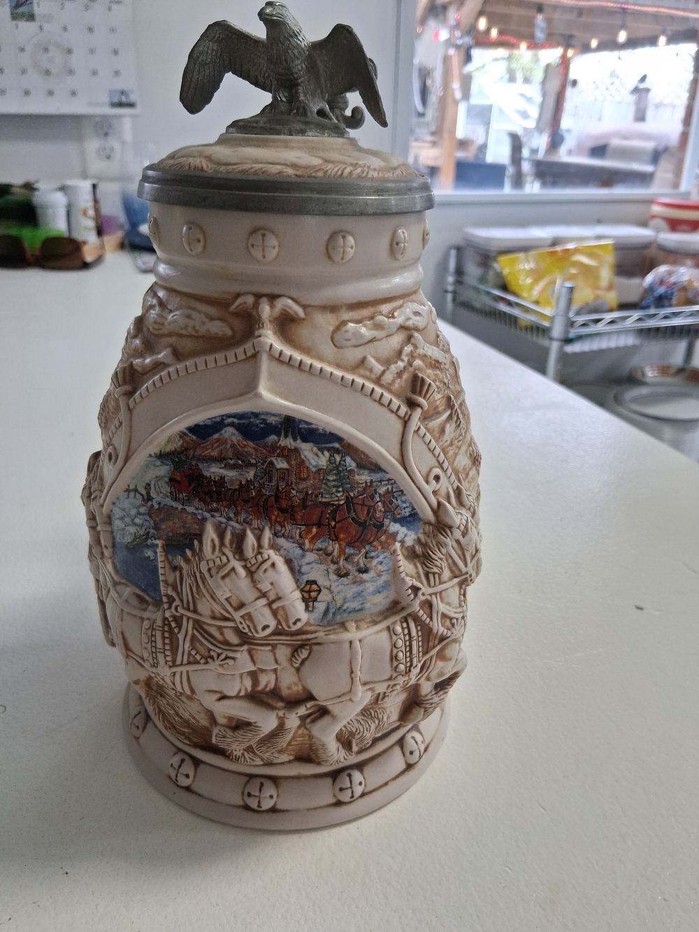 Vintage Ceramic Budweiser Relief Beer Stein in Cream with Bronze Accent